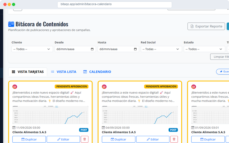 Interfaz real de bitácora y calendario editorial en Bitaqo