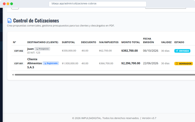 Interfaz real de cotizaciones, facturación y cobro en Bitaqo